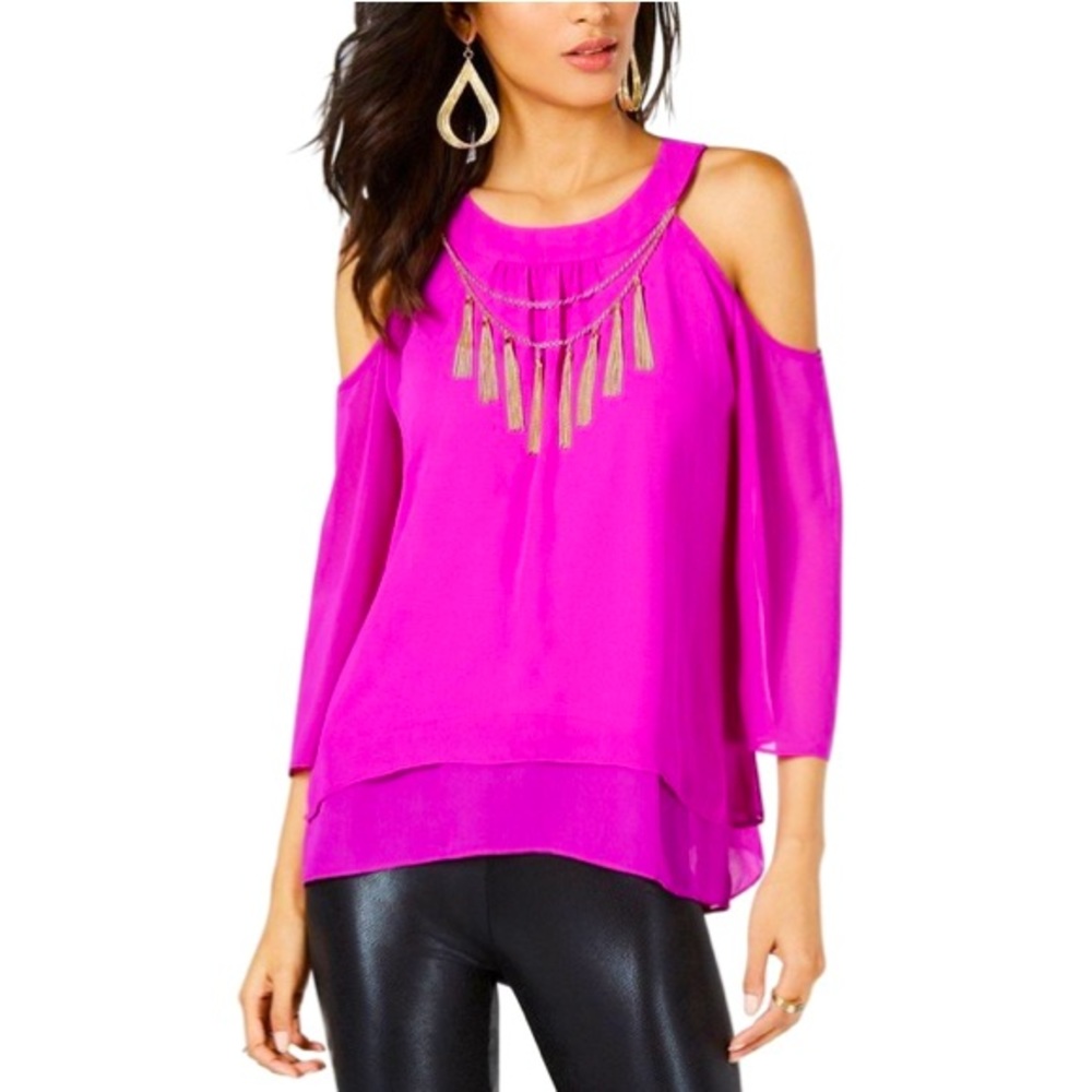 Thalia Sodi-Purple Chain-tasselCold-shoulderBlouse